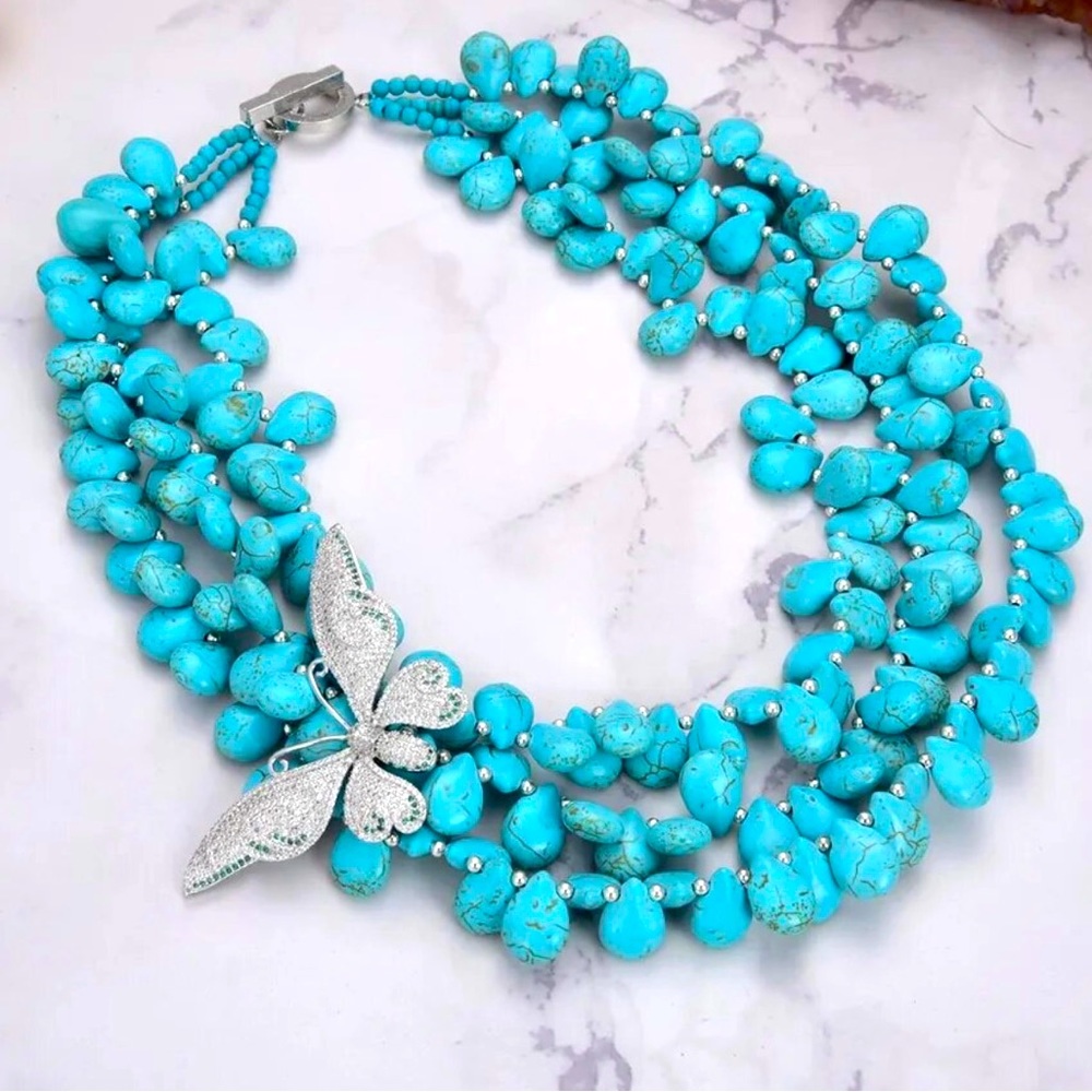 Stunning  19" 3 Strands Turquoise Necklace CZ Pave Butterfly Connector